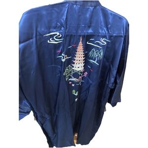 Vintage Health Floral Asian Kimono Blue Satin Embroidered Robe Short SZ Large